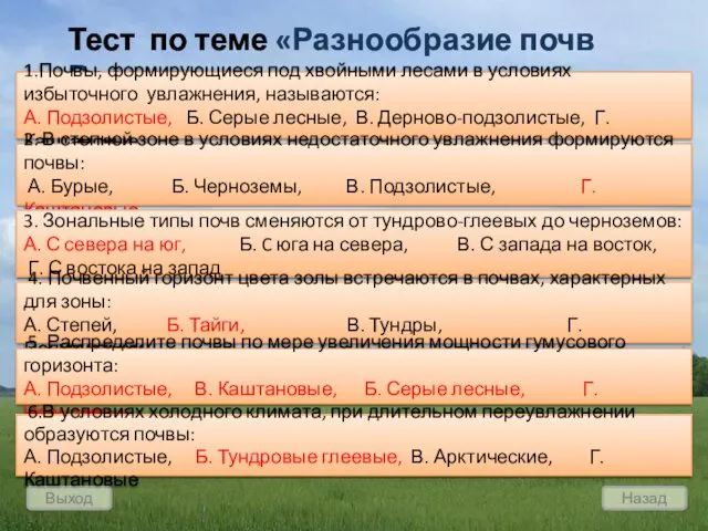 Выход Назад Тест по теме «Разнообразие почв России» 1.Почвы, формирующиеся