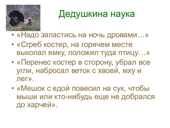 Дедушкина наука «Надо запастись на ночь дровами…» «Сгреб костер, на