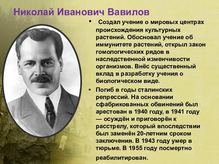 Николай Иванович Вавилов Создал учение о мировых центрах происхождения культурных