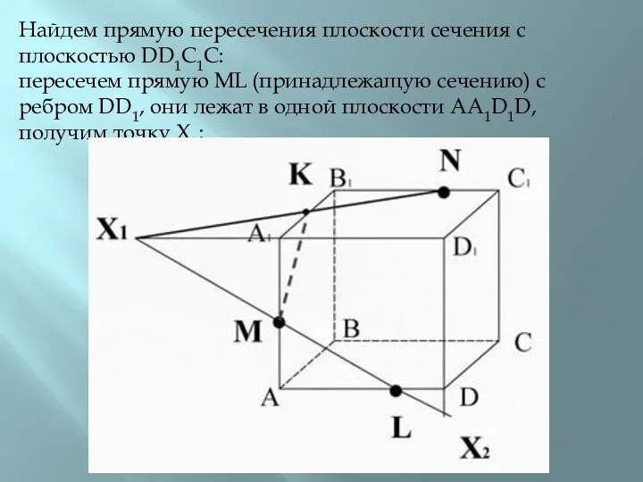 Найдем прямую пересечения плоскости сечения с плоскостью DD1C1C: пересечем прямую