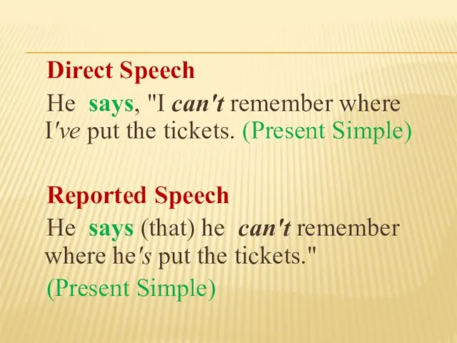 Direct Speech Не says, "I can't remember where I've put the tickets. (Present
