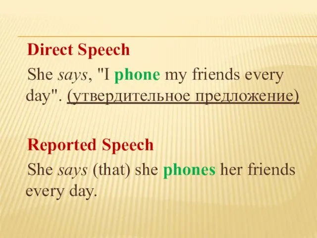 Direct Speech She says, "I phone my friends every day". (утвердительное предложение) Reported