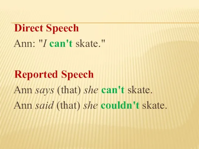 Direct Speech Ann: "I can't skate." Reported Speech Ann says (that) she can't