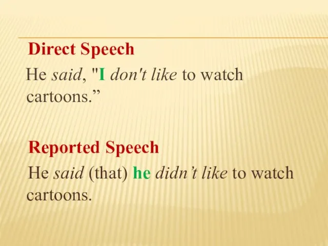 Direct Speech He said, "I don't like to watch cartoons.” Reported Speech He