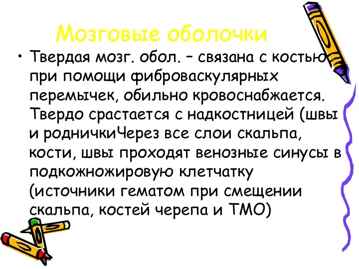 Мозговые оболочки Твердая мозг. обол. – связана с костью при