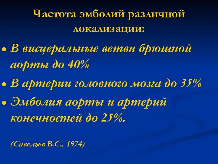 Частота эмболий различной локализации: В висцеральные ветви брюшной аорты до