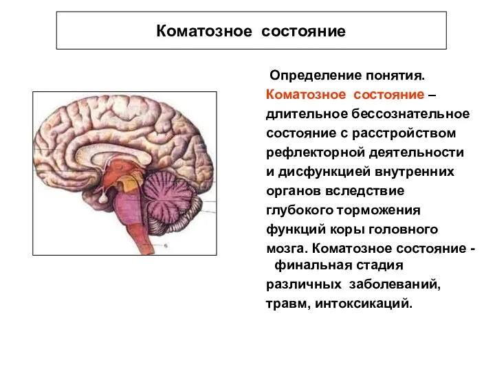 Коматозное состояние Определение понятия. Коматозное состояние – длительное бессознательное состояние