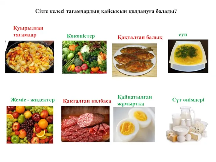 Сізге келесі тағамдардың қайсысын қолдануға болады? Қуырылған тағамдар Көкөністер суп