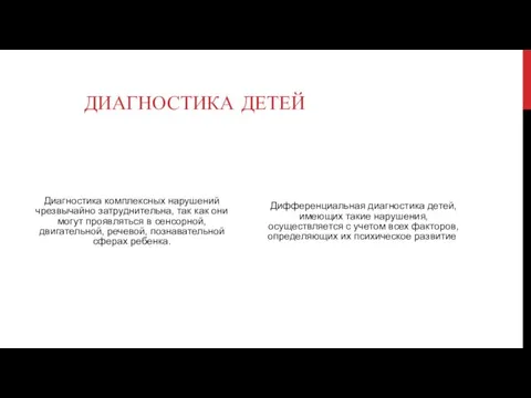 ДИАГНОСТИКА ДЕТЕЙ Диагностика комплексных нарушений чрезвычайно затруднительна, так как они