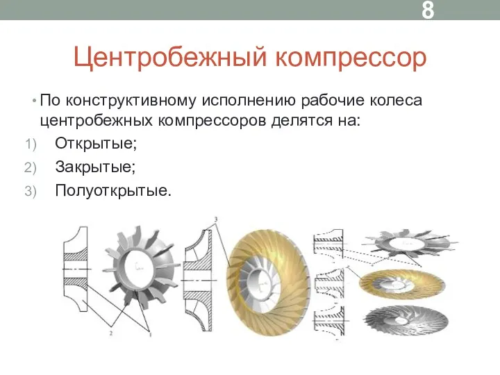 По конструктивному исполнению рабочие колеса центробежных компрессоров делятся на: Открытые; Закрытые; Полуоткрытые. Центробежный компрессор