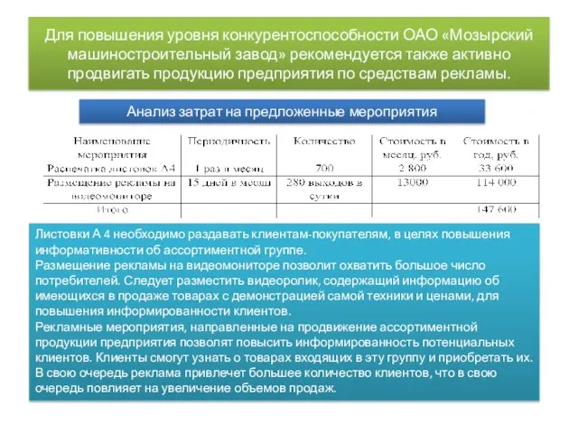 Для повышения уровня конкурентоспособности ОАО «Мозырский машиностроительный завод» рекомендуется также