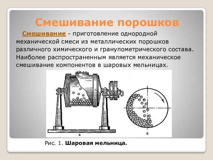 Смешивание порошков Смешивание - приготовление однородной механической смеси из металлических