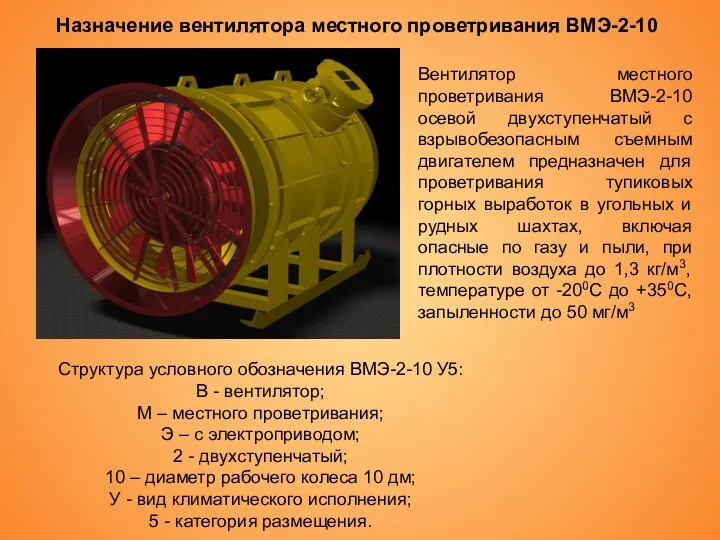 Назначение вентилятора местного проветривания ВМЭ-2-10 Структура условного обозначения ВМЭ-2-10 У5: