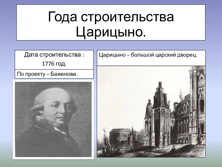 Года строительства Царицыно. Дата строительства : 1776 год. Царицыно – большой царский дворец.