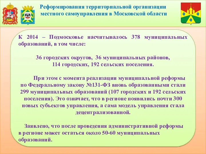 Реформирования территориальной организации местного самоуправления в Московской области К 2014 – Подмосковье насчитывалось