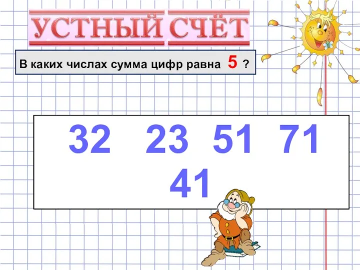 В каких числах сумма цифр равна 5 ? 32 23 51 71 41