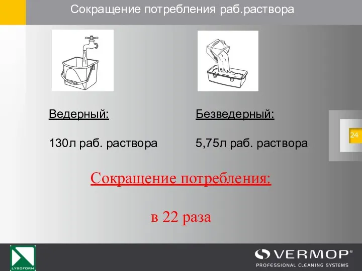 Сокращение потребления раб.раствора Ведерный: 130л раб. раствора Безведерный: 5,75л раб. раствора Сокращение потребления: в 22 раза