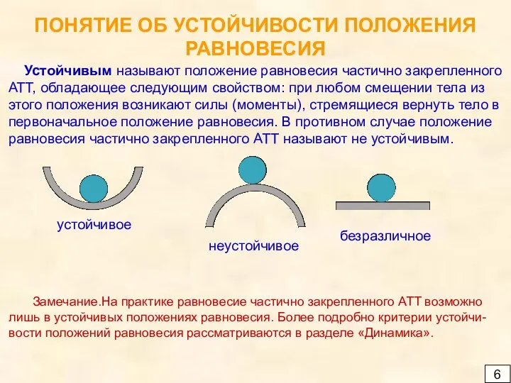 ПОНЯТИЕ ОБ УСТОЙЧИВОСТИ ПОЛОЖЕНИЯ РАВНОВЕСИЯ 6 Устойчивым называют положение равновесия