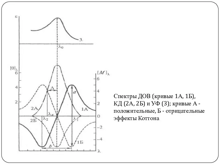 Спектры ДОВ (кривые 1А, 1Б), КД (2А, 2Б) и УФ (3); кривые А