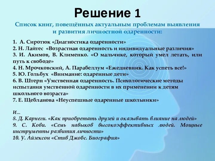 Решение 1 Список книг, повещённых актуальным проблемам выявления и развития