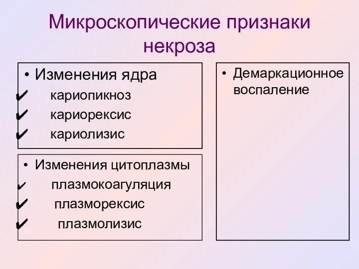 Микроскопические признаки некроза Изменения ядра кариопикноз кариорексис кариолизис Изменения цитоплазмы плазмокоагуляция плазморексис плазмолизис Демаркационное воспаление