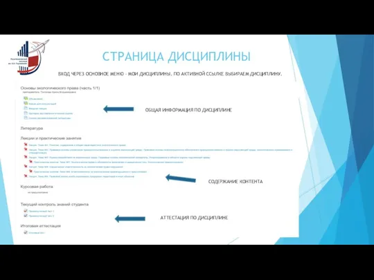 СТРАНИЦА ДИСЦИПЛИНЫ ВХОД ЧЕРЕЗ ОСНОВНОЕ МЕНЮ – МОИ ДИСЦИПЛИНЫ. ПО