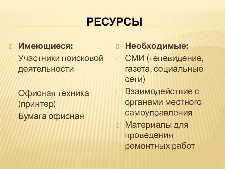 РЕСУРСЫ Имеющиеся: Участники поисковой деятельности Офисная техника (принтер) Бумага офисная