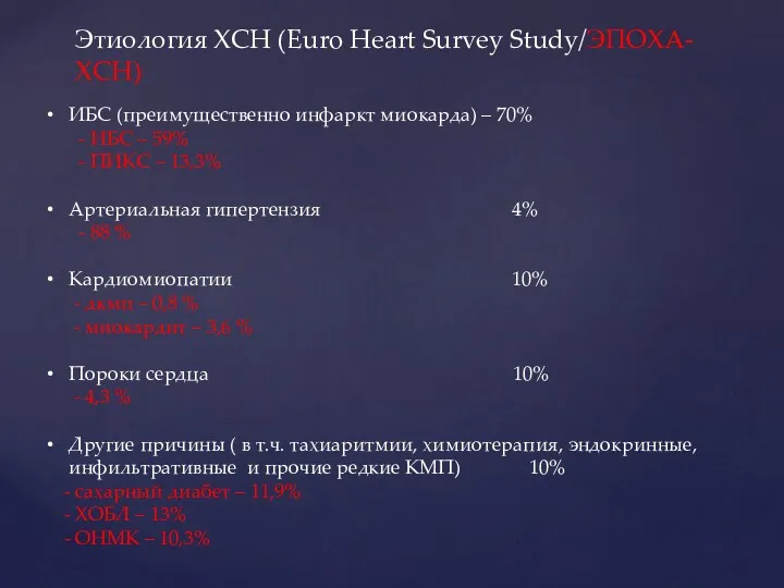Этиология ХСН (Euro Heart Survey Study/ЭПОХА-ХСН) ИБС (преимущественно инфаркт миокарда) – 70% -