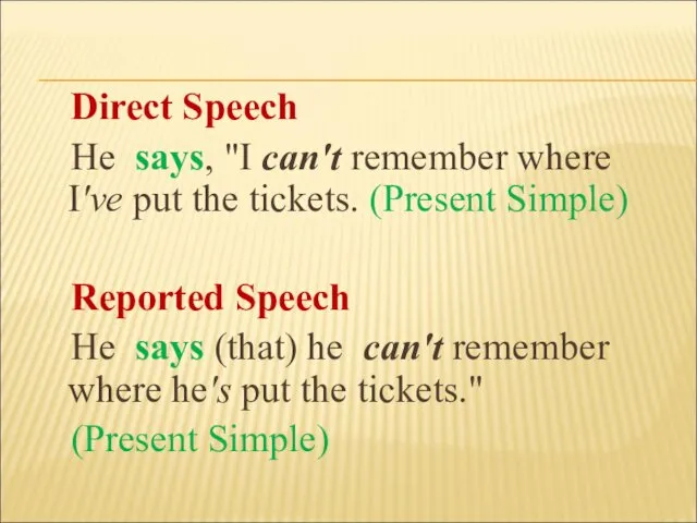 Direct Speech Не says, "I can't remember where I've put