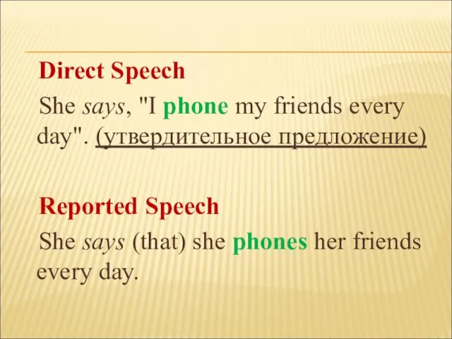 Direct Speech She says, "I phone my friends every day".