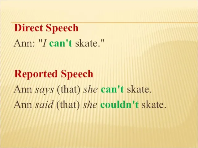 Direct Speech Ann: "I can't skate." Reported Speech Ann says