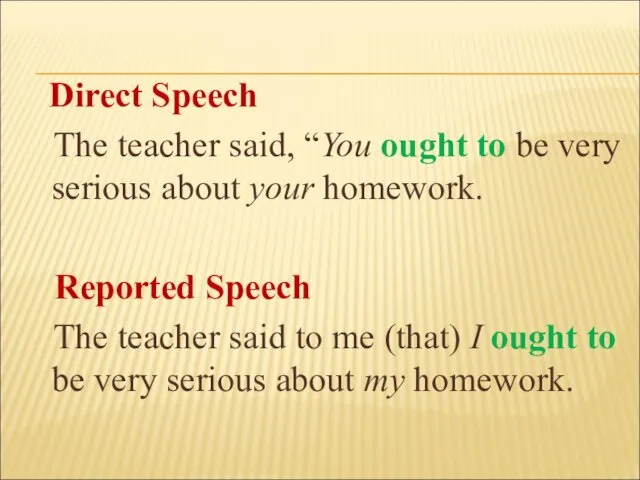 Direct Speech The teacher said, “You ought to be very