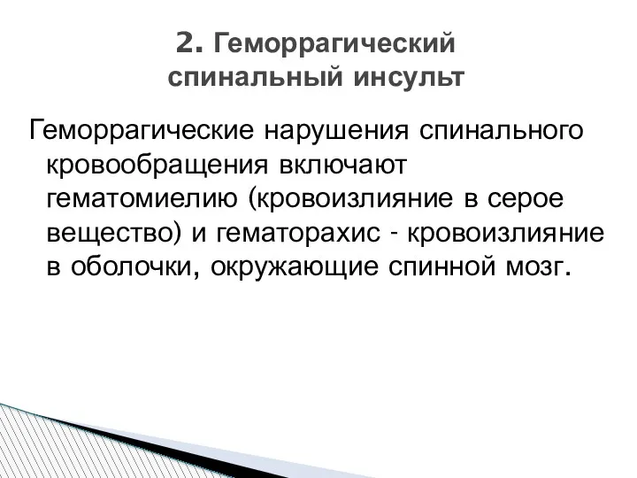 Геморрагические нарушения спинального кровообращения включают гематомиелию (кровоизлияние в серое вещество)