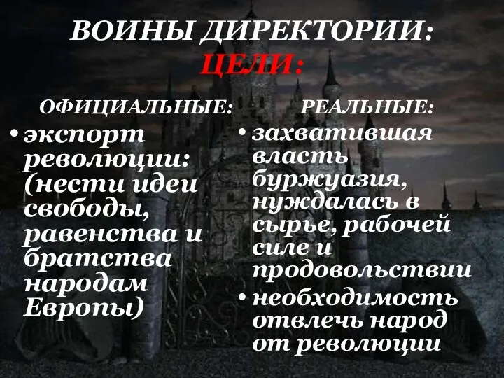 ВОИНЫ ДИРЕКТОРИИ: ЦЕЛИ: ОФИЦИАЛЬНЫЕ: экспорт революции: (нести идеи свободы, равенства и братства народам