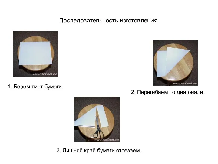 Последовательность изготовления. 1. Берем лист бумаги. 2. Перегибаем по диагонали. 3. Лишний край бумаги отрезаем.