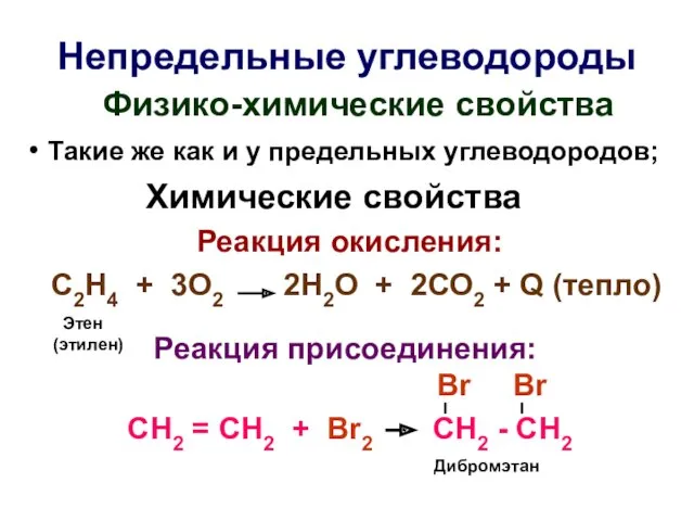 Непредельные углеводороды Физико-химические свойства Такие же как и у предельных углеводородов; Химические свойства