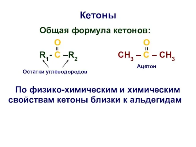 Кетоны Oбщая формула кетонов: O O R1- C –R2 CH3 – C –