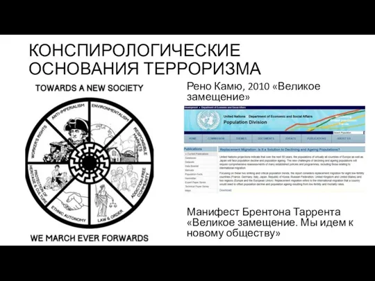 КОНСПИРОЛОГИЧЕСКИЕ ОСНОВАНИЯ ТЕРРОРИЗМА Рено Камю, 2010 «Великое замещение» Манифест Брентона