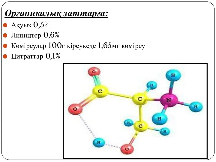 Органикалық заттарға: Ақуыз 0,5% Липидтер 0,6% Көмірсулар 100г кіреукеде 1,65мг көмірсу Цитраттар 0,1%