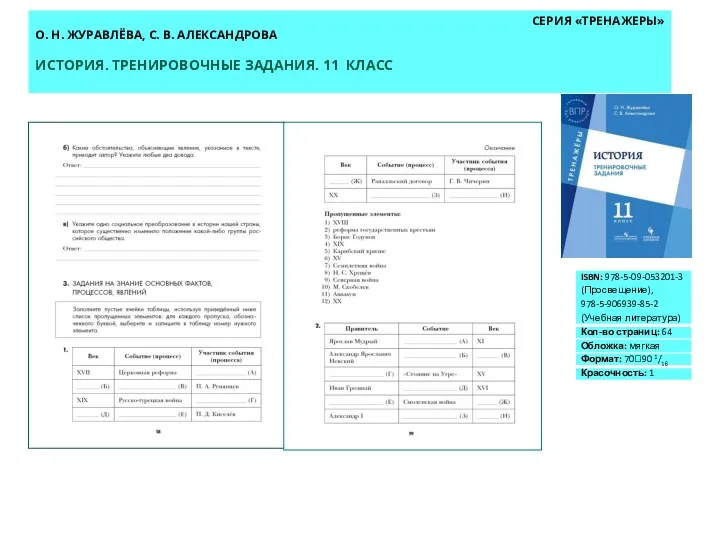 СЕРИЯ «ТРЕНАЖЕРЫ» О. Н. ЖУРАВЛЁВА, С. В. АЛЕКСАНДРОВА ИСТОРИЯ. ТРЕНИРОВОЧНЫЕ ЗАДАНИЯ. 11 КЛАСС