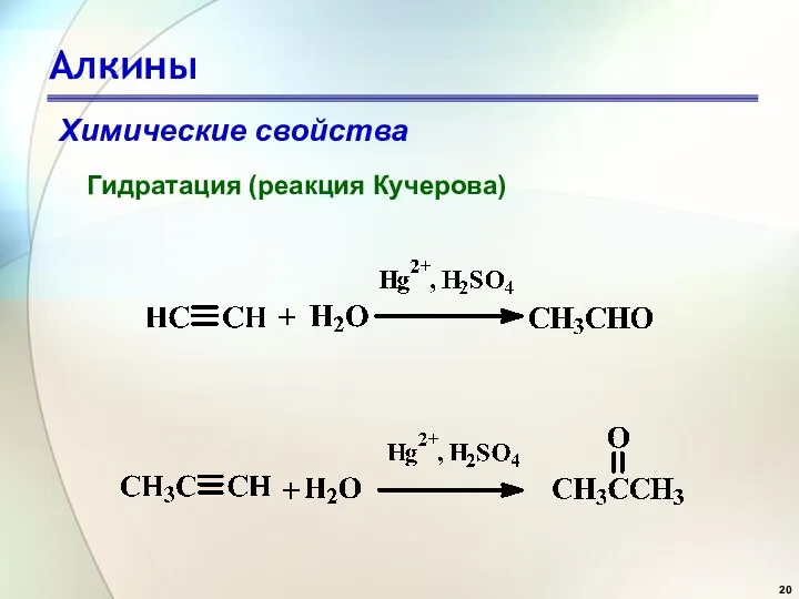 Алкины Гидратация (реакция Кучерова) Химические свойства