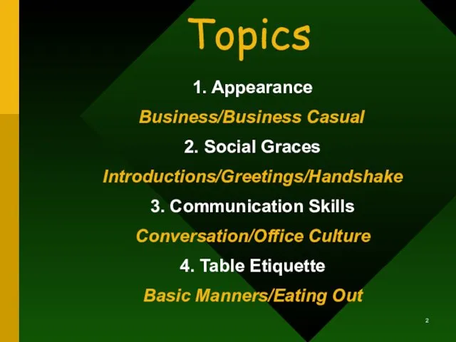 Topics 1. Appearance Business/Business Casual 2. Social Graces Introductions/Greetings/Handshake 3.