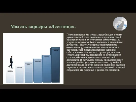 Модель карьеры «Лестница». Психологически эта модель неудобна для первых руководителей