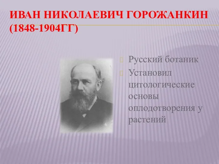 ИВАН НИКОЛАЕВИЧ ГОРОЖАНКИН (1848-1904ГГ) Русский ботаник Установил цитологические основы оплодотворения у растений