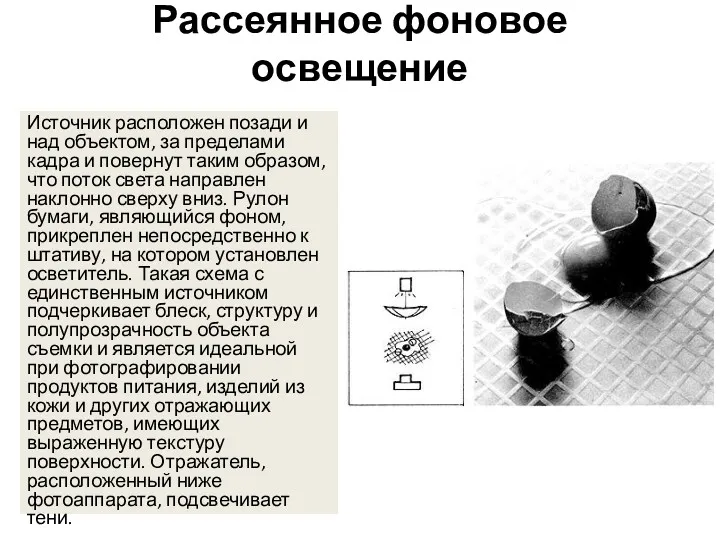 Рассеянное фоновое освещение Источник расположен позади и над объектом, за