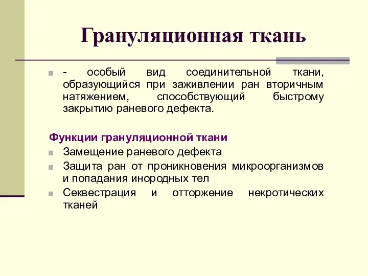 Грануляционная ткань - особый вид соединительной ткани, образующийся при заживлении