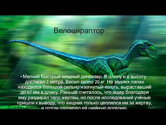 Велоцираптор Мелкий быстрый хищный динозавр. В длину и в высоту достигал 2 метра.