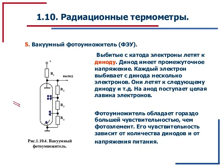 1.10. Радиационные термометры. 5. Вакуумный фотоумножитель (ФЭУ). Выбитые с катода