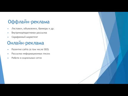 Оффлайн-реклама Листовки, объявления, баннеры и др. Внутрикорпоративная рассылка Сарафанный маркетинг