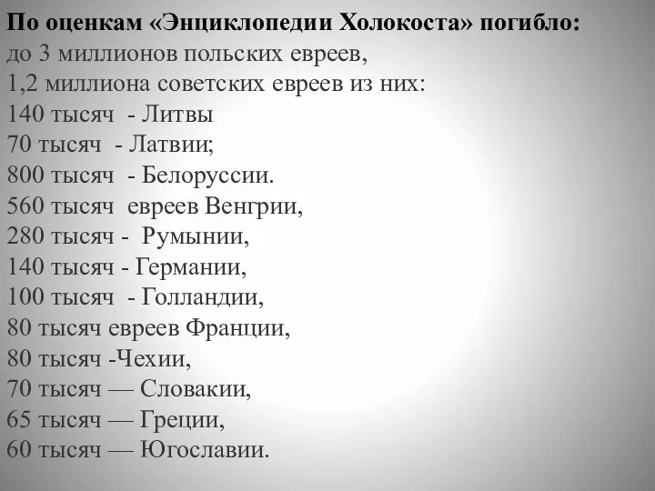 По оценкам «Энциклопедии Холокоста» погибло: до 3 миллионов польских евреев,